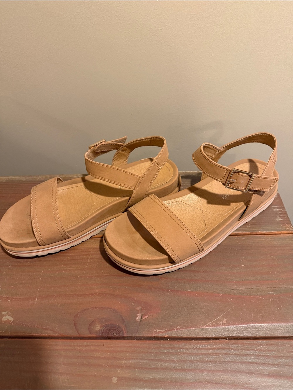 Crown Vintage Tan T-Strap Ankle Buckle Sandals